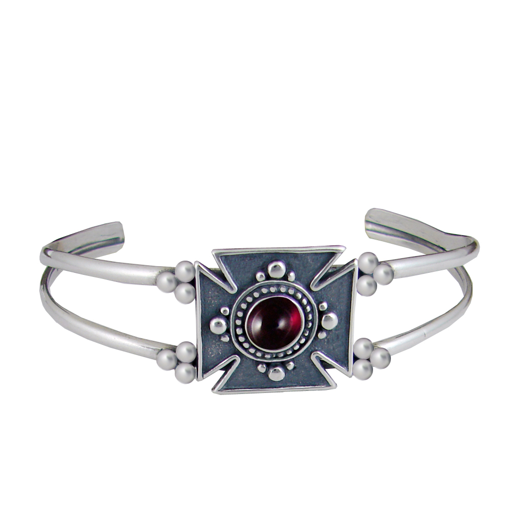 Sterling Silver Iron Cross Cuff Bracelet With Garnet